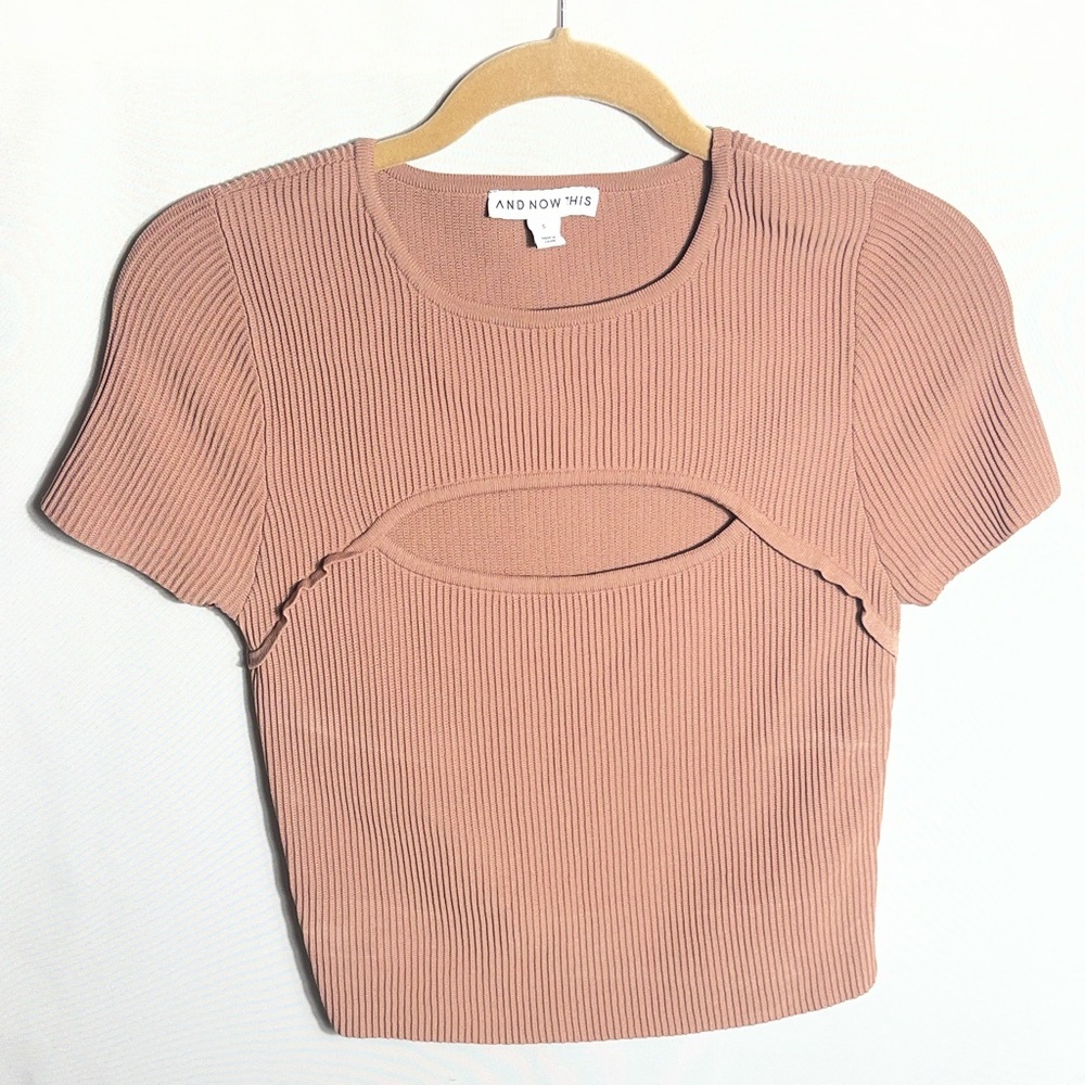 And Now This Ribbed Knit Cutout Short Sleeve Top Mauve Pink Size Small